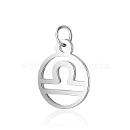 304 Stainless Steel Charms, with Jump Rings, Polished, Flat Round with Constellation, Libra, 13x11x1mm, Hole: 2.5mm(STAS-T036-T513-A7)