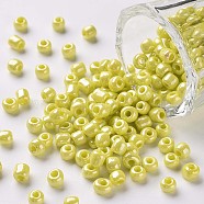 Glass Seed Beads, Opaque Colors Lustered, Round, Yellow, 4mm, Hole: 1.5mm, about 1000pcs/100g(X1-SEED-A012-4mm-122)