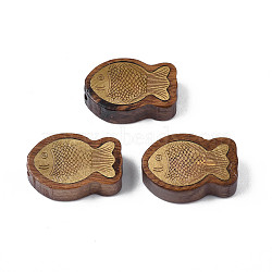 Natural Rosewood Undyed Beads, with Raw(Unplated) Brass Slices, Fish Shape, Saddle Brown, 18x12x7mm, Hole: 1.8mm(WOOD-N013-003)