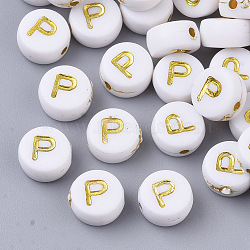 Plating Acrylic Beads, Golden Metal Enlaced, Horizontal Hole, Flat Round with Alphabet, White, Letter.P, 7x3.5mm, Hole: 1.2mm, about 360pcs/50g(X-PACR-R242-01P)