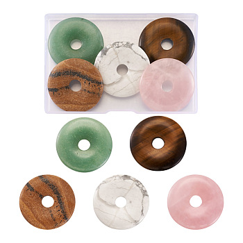 Fashewelry 5Pcs 5 Style Natural Rose Quartz & Tiger Eye & Howlite & Picture Jasper & Green Aventurine Pendants, Donut/Pi Disc, Donut Width: 15.8~16mm, 39~40x6~7mm, Hole: 8mm, 1pc/style