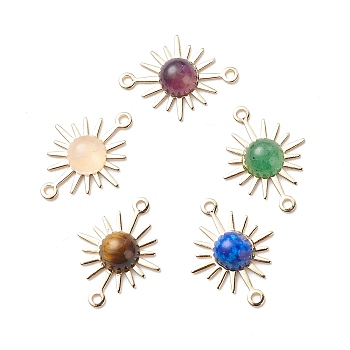 Natural Mixed Gemstone Connector Charms, Sun Links, with Real 14K Gold Plated Brass Findings, 18x13.5x4mm, Hole: 1mm