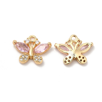 Real 18K Gold Plated Brass Pendant, with Glass, Butterfly Charms, Pink, 10.5x13x3.3mm, Hole: 1.2mm