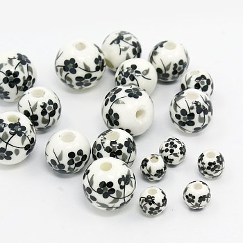 Handmade Printed Flower Porcelain Beads, Round, Black & White, 6~12mm, Hole: 2mm