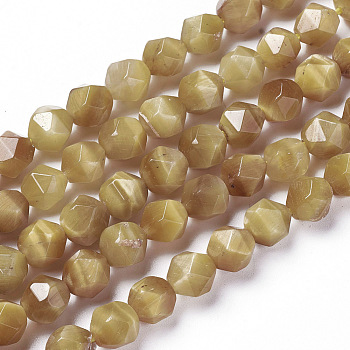 Natural Tiger Eye Beads Strands, Dyed & Heated, Faceted Star Cut Beads, Dark Khaki, 7~8mm, Hole: 1mm, about 47~48pcs/strand, 15.2 inch~15.5 inch(38.5~39.5cm)
