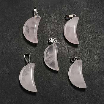 Natural Rose Quartz Pendants, Moon Charms, with Platinum Tone Brass Findings, 25~25.5x12x5.5mm, Hole: 6x2.5mm