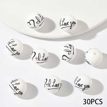 30Pcs Silicone Beads, Round with Word, White, 15mm