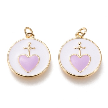 Brass Pendants, with Enamel and Jump Rings, Long-Lasting Plated, Flat Round with Heart, Golden, Lilac, 20.5x18x2mm, Hole: 3mm