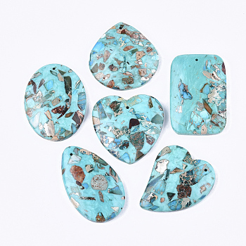 Assembled Synthetic Imperial Jasper and Turquoise Pendants, Dyed, Mixed Shapes, Cyan, 38.5~48x30~40x6.5~7.5mm, Hole: 1.4mm