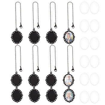 Elite 8Pcs 2 Styles Alloy Pendant Cabochon Settings, with Brass Chain Extender, Memorial Photo Pendants for Cap, with 12Pcs Oval Glass Cabochons, Electrophoresis Black, Tray: 25x18mm, 210~250mm, 4pcs/style