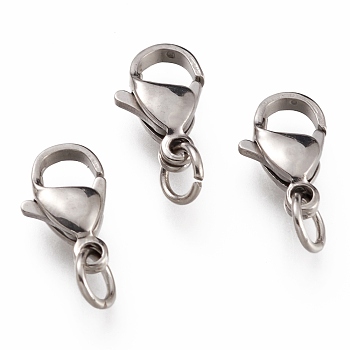 304 Stainless Steel Lobster Claw Clasps, With Jump Ring, Stainless Steel Color, 12x7x3.5mm, Hole: 3mm, Jump Ring: 5x0.6mm