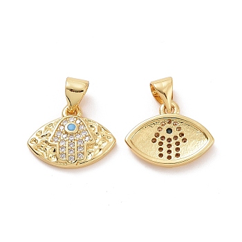 Brass Micro Pave Cubic Zirconia Pendants, Horse Eye with Hamsa Hand Charms, Golden, 11.5x15x2.5mm, Hole: 3.5x4mm