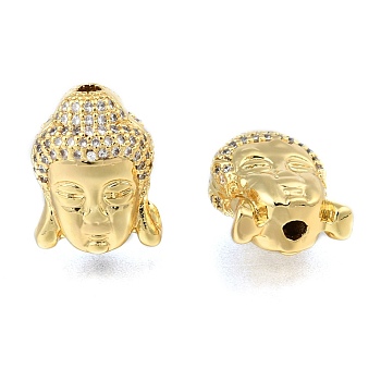 CZ Brass Micro Pave Grade AAA Cubic Zirconia 3D Buddha Head Beads, Lead Free & Nickel Free & Cadmium Free, Real 24K Gold Plated, 15x11x8mm, Hole: 1.5mm