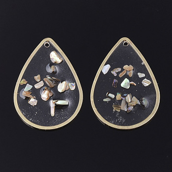 Epoxy Resin Pendants, with Shell and Brass Findings, teardrop, Colorful, Golden, 31.5x22x2mm, Hole: 1.2mm