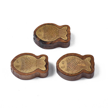 Natural Rosewood Undyed Beads, with Raw(Unplated) Brass Slices, Fish Shape, Saddle Brown, 18x12x7mm, Hole: 1.8mm