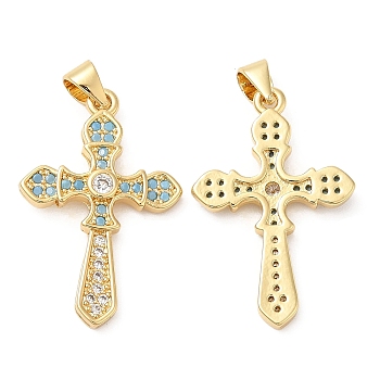 Brass Micro Pave Cubic Zirconia Pendants, Lead Free & Cadmium Free, Long-Lasting Plated, Cross, Real 18K Gold Plated, 27.5x18x3mm, Hole: 3.5x3mm