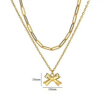 304 Stainless Steel Bowknot Pendant Necklaces, Double Layer Necklaces, Real 18K Gold Plated, 15.63 inch(39.7cm), Bowknot: 11x15.5mm