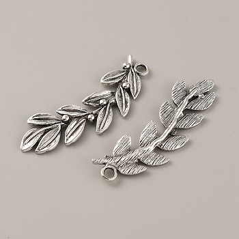 Tibetan Style Alloy Pendants, Leafy Branch Charms, Olive Branch, Antique Silver, 52x15.5x3mm, Hole: 3mm