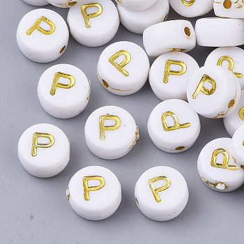 Plating Acrylic Beads, Golden Metal Enlaced, Horizontal Hole, Flat Round with Alphabet, White, Letter.P, 7x3.5mm, Hole: 1.2mm, about 360pcs/50g
