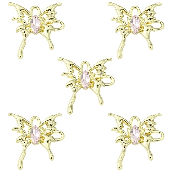 Rack Plating Alloy Connector Charms, Butterfly Links with Glass, Cadmium Free & Lead Free & Nickle Free, Golden, Pearl Pink, 29x28x4.5mm, Hole: 3.5x2.5mm