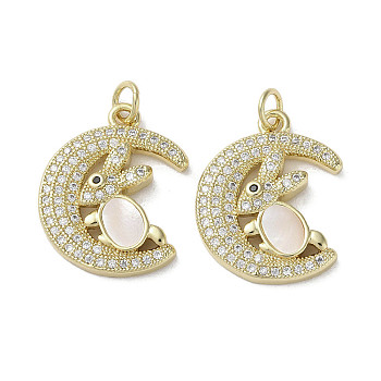Brass Micro Pave Cubic Zirconia Pendants, with Shell, Moon with Rabbit, Real 18K Gold Plated, 20.5x16.5x3.5mm, Hole: 3mm