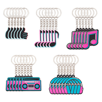 60pcs 5 Style PVC Pendant Keychain, with Iron Findings, Radio & Music Note & Headset, Mixed Patterns, 8.5~10cm, 12pcs/style