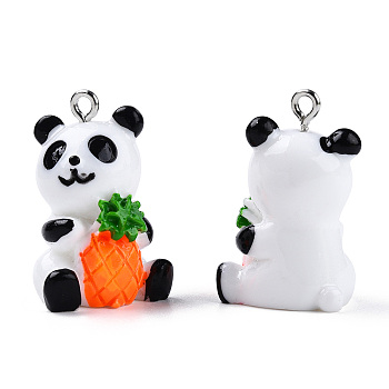 Resin Pendants, with Platinum Tone Iron Loops, 3D Panda with Pineapple, Colorful, 26x18x17mm, Hole: 2mm