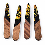 Opaque Resin & Walnut Wood Pendants, Teardrop Charms with Paillettes, Black, 44x7.5x3mm, Hole: 1.5mm(RESI-TAC0021-69)