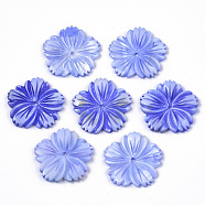 Natural Freshwater Shell Beads, Carved, Dyed, Flower, Royal Blue, 28x28x3mm, Hole: 1.6mm(SHEL-N026-10F)