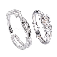 Anti-Tarnish Thorn & Rose 925 Sterling Silver Couple Rings, Vintage Design Open Ring Gift, Platinum, Female Inner Diameter: US Size 6(16.5mm), Male Inner Diameter: US Size 8(18mm)(JR946A)