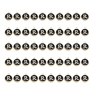 Golden Plated Alloy Charms, with Enamel, Enamelled Sequins, Flat Round, Black, Letter.R, 14x12x2mm, Hole: 1.5mm, 50pcs/Box(ENAM-SZ0001-25B-R)