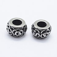 316 Surgical Stainless Steel Beads, Large Hole Beads, Rondelle with Flower, Antique Silver, 12x7.5mm, Hole: 5.5mm(STAS-O102-10AS)