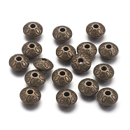 Tibetan Style Alloy Spacer Beads, Cadmium Free & Nickel Free & Lead Free, Rondelle with Flower, Antique Bronze, 9x9x6mm, Hole: 1.5mm(MLF10978Y-NF)