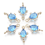Glass Links connectors, with Brass Micro Pave Cubic Zirconia, Faceted, Teardrop, Light Gold, Dodger Blue, 18x9.5x4.5mm, Hole: 1.2mm(GLAA-T021-05B-09)