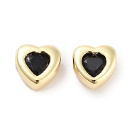Brass Micro Pave Cubic Zirconia Beads, Real 18K Gold Plated, Heart, Black, 5.5x5.5x3.5mm, Hole: 1mm(KK-C051-26G-02)