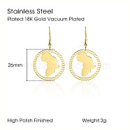 African Map Shape Dangle Earrings, with Stainless Steel Hooks, Golden, 26mm(DG1061-5)