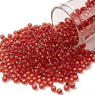 TOHO Round Seed Beads, Japanese Seed Beads, (25) Silver Lined Light Siam Ruby, 8/0, 3mm, Hole: 1mm, about 222pcs/10g(X-SEED-TR08-0025)