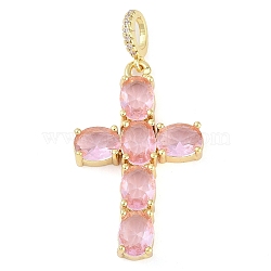 Rack Plating Brass Cubic Zirconia European Dangle Charms, Cross Large Hole Pendants, Real 18K Gold Plated, Long-Lasting Plated, Cadmium Free & Lead Free, Pink, 45mm, Hole: 5.5x4mm(KK-P287-47G-02)