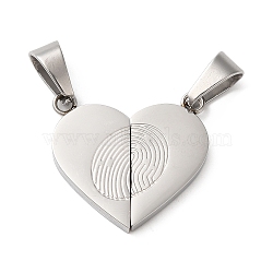 Non-Tarnish 304 Stainless Steel Split Pendants, Couple Pendants, Heart with Fingerprint Charm, Stainless Steel Color, 23x24.5x2mm, Hole: 9x5.5mm(STAS-E195-04P)