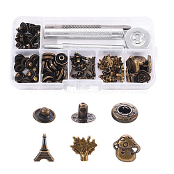 18 Sets Eiffel Tower & Tree & Mushroom Brass Leather Snap Buttons Fastener Kits, Including 1 Set 45# Steel Hole Punch Tool, 1Pc 45# Steel Round BaseCraft, Antique Bronze, Buttons: 18sets(SNAP-YW0001-07AB)
