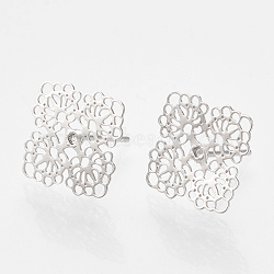 Brass Stud Earrings, Square, Nickel Free, Real Platinum Plated, 12x12mm, pin: 0.7mm(KK-S345-276P)