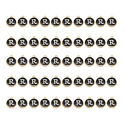 Golden Plated Alloy Charms, with Enamel, Enamelled Sequins, Flat Round, Black, Letter.R, 14x12x2mm, Hole: 1.5mm, 50pcs/Box(ENAM-SZ0001-25B-R)