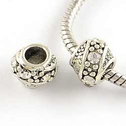 Barrel Antique Silver Plated Metal Alloy Rhinestone European Beads, Large Hole Beads, Crystal, 10~11x9mm, Hole: 5mm(ALRI-Q228-02I)