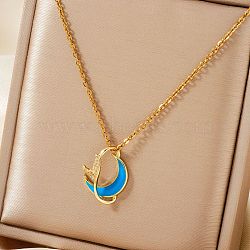 Shiny Brass Micro Pave Clear Cubic Zirconia Pendant Necklaces for Women, with Enamel, Moon and Fishtail, Sky Blue, 15.75 inch(40cm)(FQ5773)