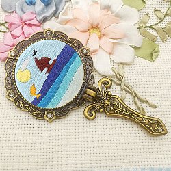 DIY Foldable Handheld Mirror Embroidery Starter Kit, including Plastic Embroidery Frame, Cloth, Iron Needle, Cotton Threads, Brass Mirror, Aluminum Findings, Ocean Themed Pattern, 7pcs/set(SENE-PW0003-056S)