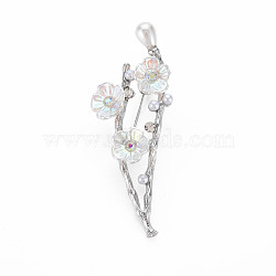 Plum Blossom with Branch Resin Brooch with Imitation Pearl, Crystal Rhinestone Flower Lapel Pin for Backpack Clothes, Nickel Free & Lead Free, Platinum, 25x62x15mm, Pin: 0.8mm(JEWB-N007-023P-FF)