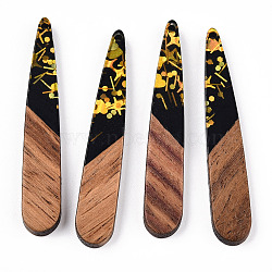 Opaque Resin & Walnut Wood Pendants, Teardrop Charms with Paillettes, Black, 44x7.5x3mm, Hole: 1.5mm(RESI-TAC0021-69)