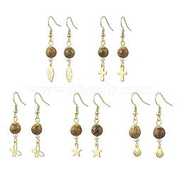 304 Stainless Steel Mixed Shape Dangle Earrings, with Natural Wenge Wood Beads, Golden, 42~47x6~11mm(EJEW-JE05723-01)