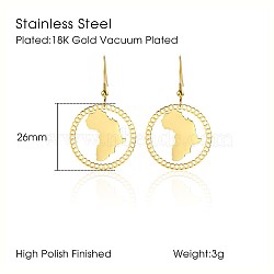 African Map Shape Dangle Earrings, with Stainless Steel Hooks, Golden, 26mm(DG1061-5)