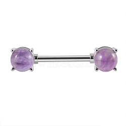 304 Stainless Steel Pave Natural Amethyst Half Round Nipple Barbells, Stainless Steel Color, 14mm, Pin: 1.6mm, Head: 6mm(WG71F42-04)